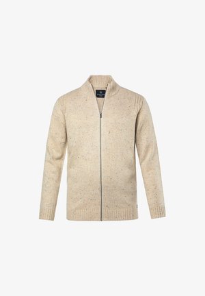 Vaalea beige vetoketjullinen neule, jossa on teksturoitu neulepinta, korkea kaulus, ribattu hihansuu ja monivärisiä laikkuja kankaan pinnassa.