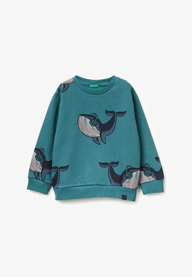 Felpa turchese con motivo di balene in blu scuro e bianco, realizzata in cotone con polsini e orlo a costine. Design a girocollo.