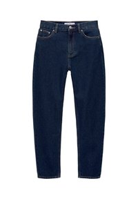 Pantalones vaqueros de mezclilla azul oscuro con corte recto, diseño de cinco bolsillos y costuras en contraste. Presenta un cierre clásico de botón y cremallera.