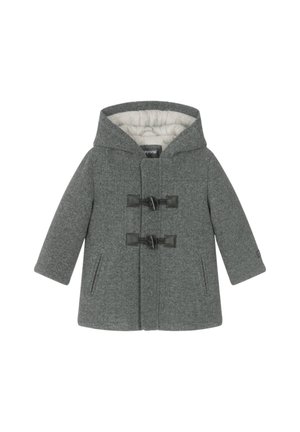 Cappotto in misto lana grigio con cappuccio, caratterizzato da chiusure a toggle, tasche laterali e foderato internamente in tessuto trapuntato.