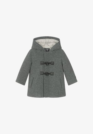 Abrigo de mezcla de lana gris con capucha, caracterizado por cierres de tipo toggle, bolsillos laterales y un forro interior acolchado.