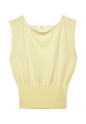 Top lavorato a maglia senza maniche di colore giallo pallido con ampia fascia a coste in vita e scollo rotondo leggermente drappeggiato.