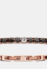 Bracciale in gemstone nero con un diamante centrale, incastonato in oro rosa con una finitura liscia e lucida e design a catena.