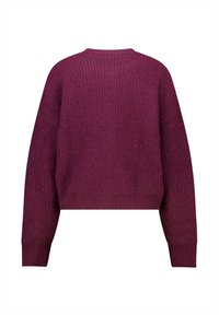 Maroon knit sweater with a textured finish, featuring a round neckline and long sleeves, cropped fit. Simple design, no visible embellishments.