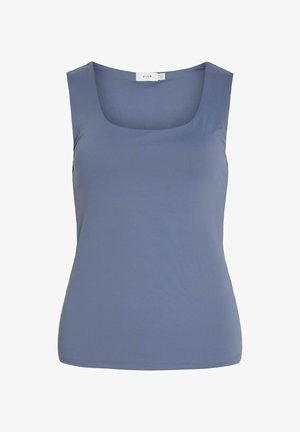 Top senza maniche in morbido tessuto blu, con scollatura quadrata e una silhouette aderente. Texture liscia con dettagli di cucitura minimi.