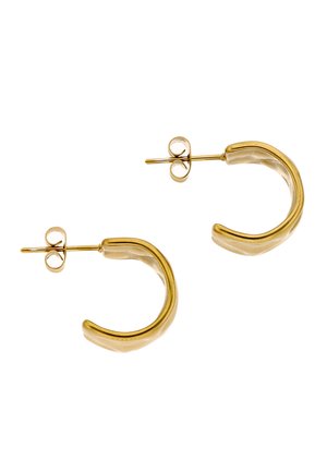 Pari pieniä, kaarevia kultaisia renkaskorvakoruja, joissa on tapit ja perhoslukot, valkoisella taustalla.