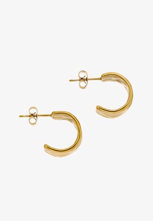 Pari pieniä, kaarevia kultaisia renkaskorvakoruja, joissa on tapit ja perhoslukot, valkoisella taustalla.