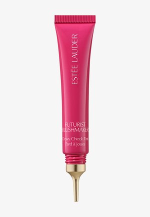 Estée Lauder Futurist Blushmaker tube in bright pink with a gold nozzle. Features bold white text for product name and description.