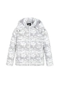 Veste matelassée gris clair avec un motif marbre blanc, dotée d'une capuche, d'une fermeture éclair avant et de deux poches latérales.