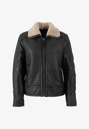 Zwarte leren jas met een shearling kraag, vooraan met ritssluiting en twee ritszakken aan de zijkanten; gladde textuur en aansluitend ontwerp.