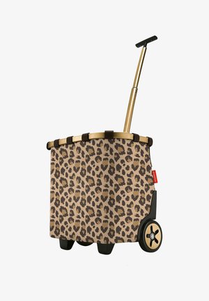 Shopping trolley with telescopic handle, leopard print fabric bag, and black and gold wheels, designed for easy transport.