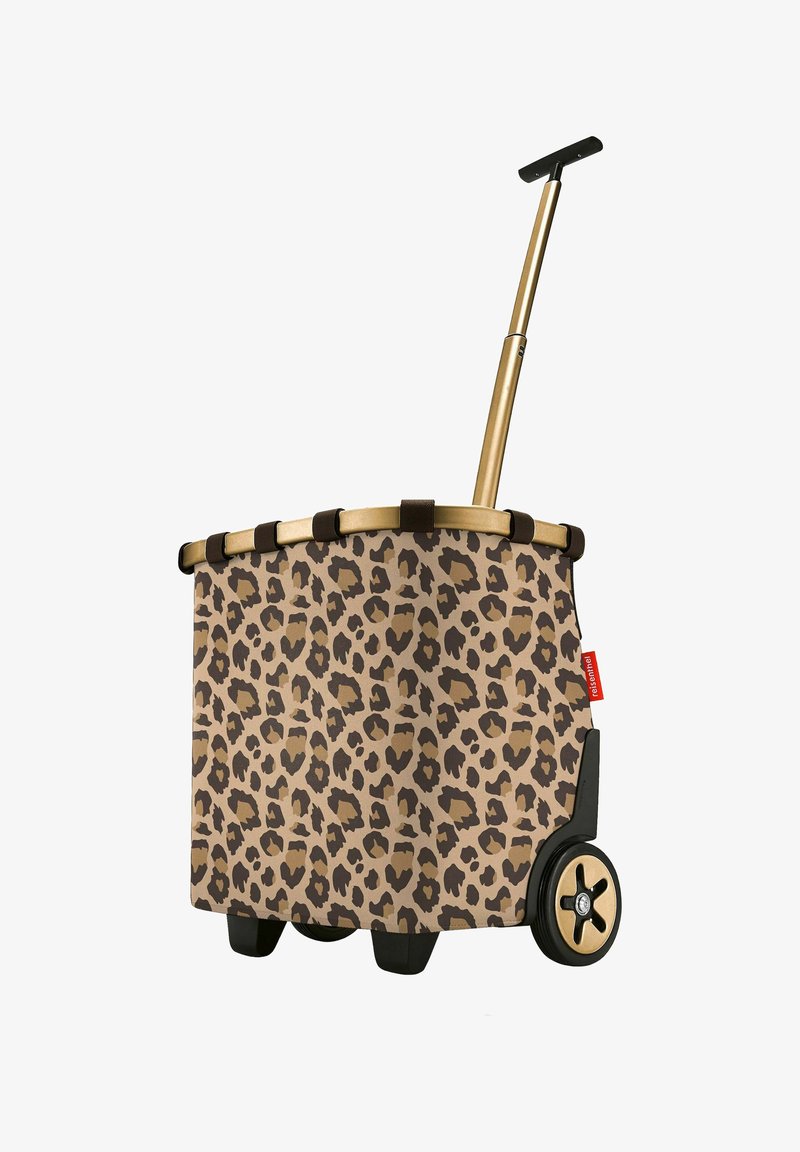 Einkaufswagen mit Teleskopgriff, Leopardenmuster-Stofftasche und schwarzen sowie goldenen Rädern, für einfachen Transport konzipiert.