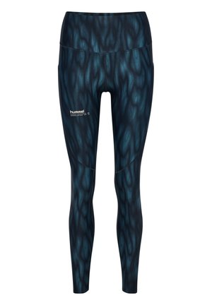 Hoge taille legging in donker teal met een golvend patroon, gemaakt van rekbaar materiaal. Beschikt over een logo aan de voorkant en een gladde textuur.