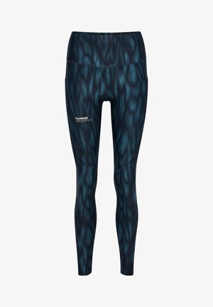 Hoge taille legging in donker teal met een golvend patroon, gemaakt van rekbaar materiaal. Beschikt over een logo aan de voorkant en een gladde textuur.