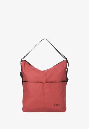 Bolso de hombro de nylon rojo con un diseño moderno y elegante. Cuenta con una parte superior con cremallera, una correa negra ajustable y un bolsillo exterior. Logo impreso en la parte frontal.