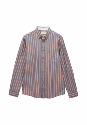 Košela s dlhým rukávom, s vertikálnymi pruhmi v sivej, bielej a červenej farbe, s náprsním vreckom a zapínaním na gombík pri golieri.