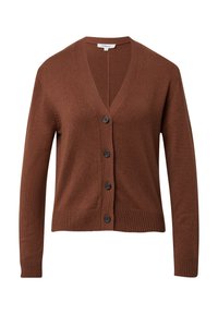 Cardigan marron col en V, manches longues et quatre boutons noirs sur le devant, avec poignets et ourlet côtelés.