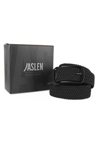 Cinturón tejido negro con una hebilla negra lisa, exhibido junto a una caja negra etiquetada "JASLEN ACCESSORIES". Diseño texturizado y flexible.