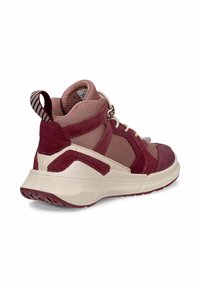 Høj-top sneakers i bordeaux og beige med net- og ruskindspaneler, hvide snørebånd, polstret krave og tyk gummisål.