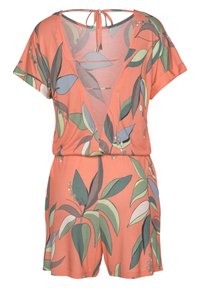 Rompers à imprimé floral en corail, présentant des manches courtes, un décolleté en V profond et une fermeture à nouer dans le dos. Fabriqué en tissu doux et léger.