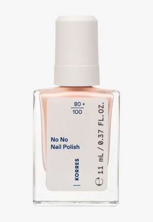 Korres No No Nagellack in durchsichtiger rechteckiger Glasflasche. Heller rosafarbener Lack, matte weiße Kappe, mit blauer Schrift auf einem Aufkleber.