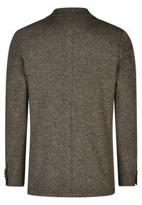 Braune Tweedjacke mit schlanker Passform, aufgesetztem Revers und Knopfakzenten an den Ärmeln. Strukturierter Stoff mit dezentem Fischgrätenmuster.