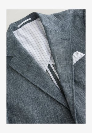 Grau Leinenblazer mit gestreifter Innenauskleidung. Bietet einen Reverskragen, eine Einzel-Brusttasche und eine dezente Textur im gesamten Stoff.
