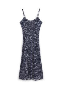 Robe midi sans manches bleu marine avec imprimé floral blanc, bustier smocké et fines bretelles doubles.