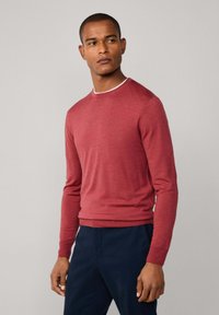 Muž v těsně padnoucím červeném svetru přes bílou košili a námořnických modrých kalhotách, stojící na pozadí v jednolitém světle šedém tónu.