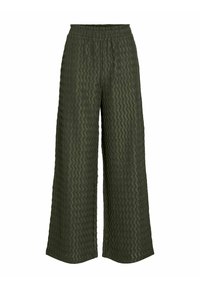 Wijde broekspijpen van textuurachtig olijfgroen stof met een golvend patroon. Elastische tailleband voor comfort. Ruime pasvorm over de benen.