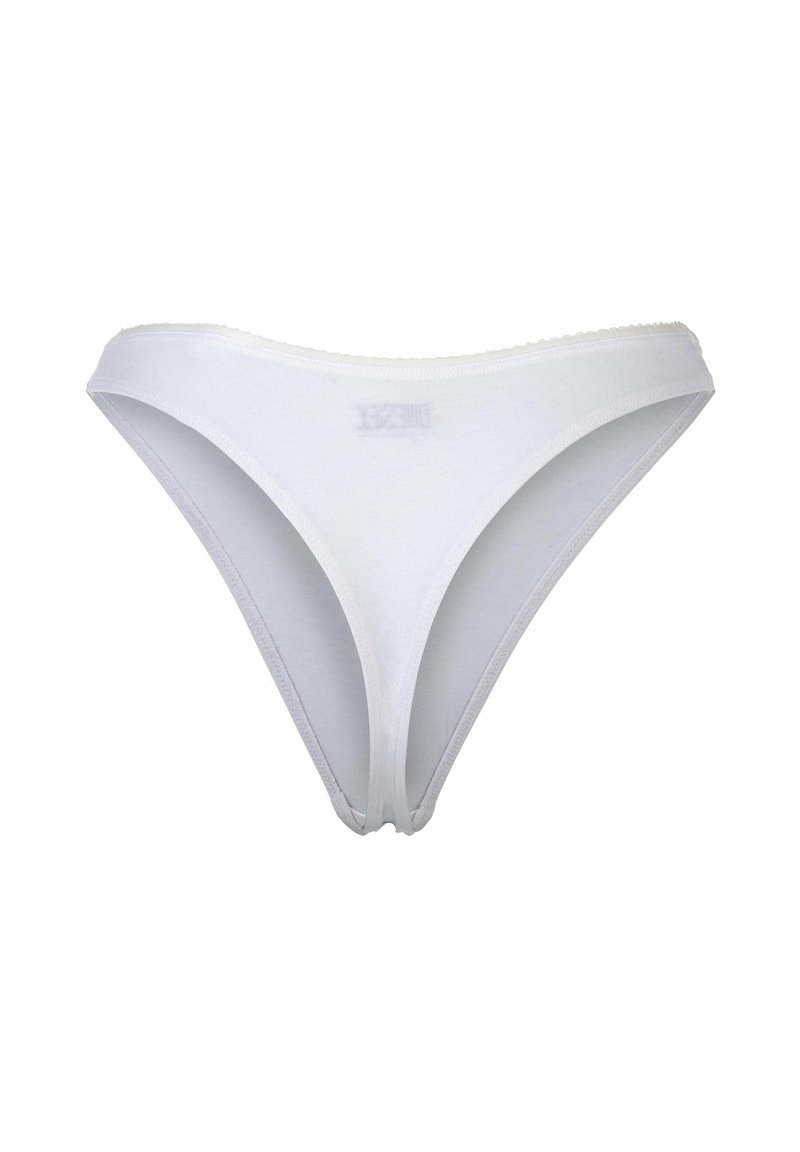 Ropa interior femenina estilo bikini blanca con una cintura estrecha y un pequeño logo de la marca en el centro frontal.