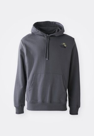 Φούτερ με κουκούλα σε σκούρο γκρι βαμβάκι, με μπροστινή τσέπη, ελαστικές μανσέτες και μικρό κεντημένο λογότυπο με λουλούδια στο στήθος.