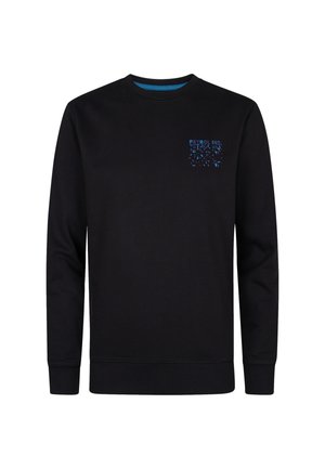 Hanorac negru cu mâneci lungi și guler rotund. Prezintă un logo imprimat albastru pe partea stângă a pieptului și un design uniform. Textură netedă.