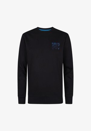 Hanorac negru cu mâneci lungi și guler rotund. Prezintă un logo imprimat albastru pe partea stângă a pieptului și un design uniform. Textură netedă.