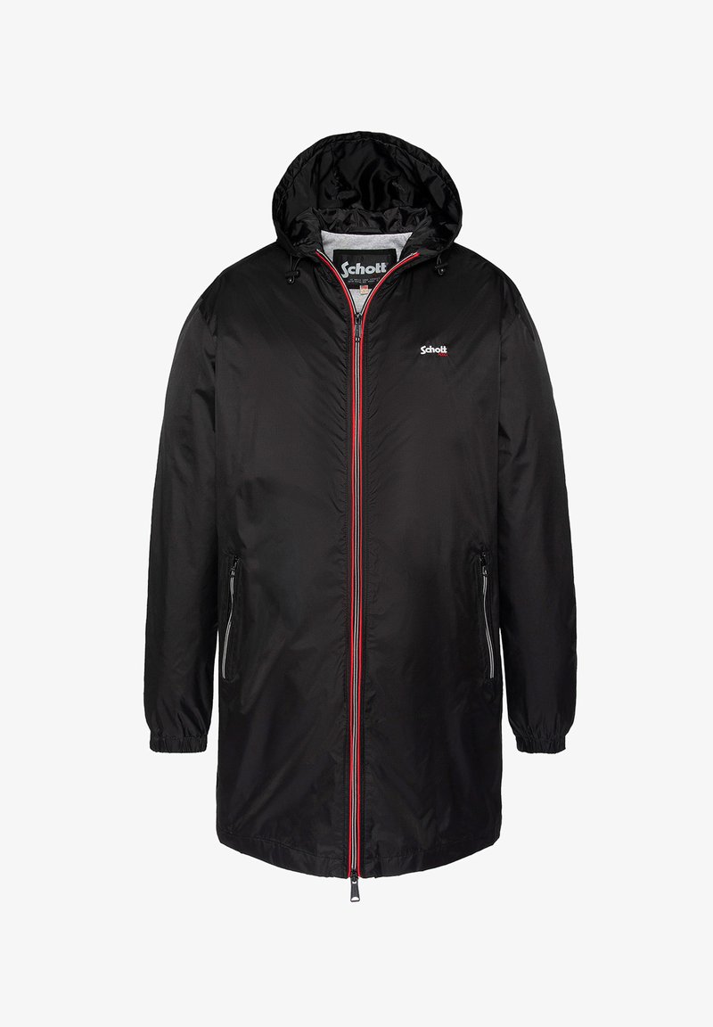 Zwarte nylon jas met capuchon, voorzien van een rode accent rits en twee zijzakken. Elastische manchetten en een gladde, glanzende textuur.