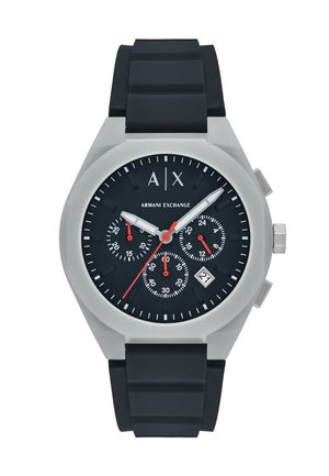 Orologio da polso Armani Exchange con quadrante nero, tre contatori per secondi, 24 ore e minuti, finestra per la data, cassa argentata e cinturino in gomma nero.