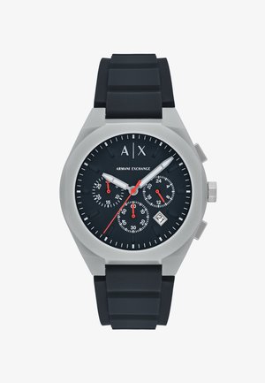 Armani Exchange polshorloge met zwarte wijzerplaat, drie subdials voor seconden, 24 uur en minuten, datumvenster, zilveren kast en zwarte rubberen band.