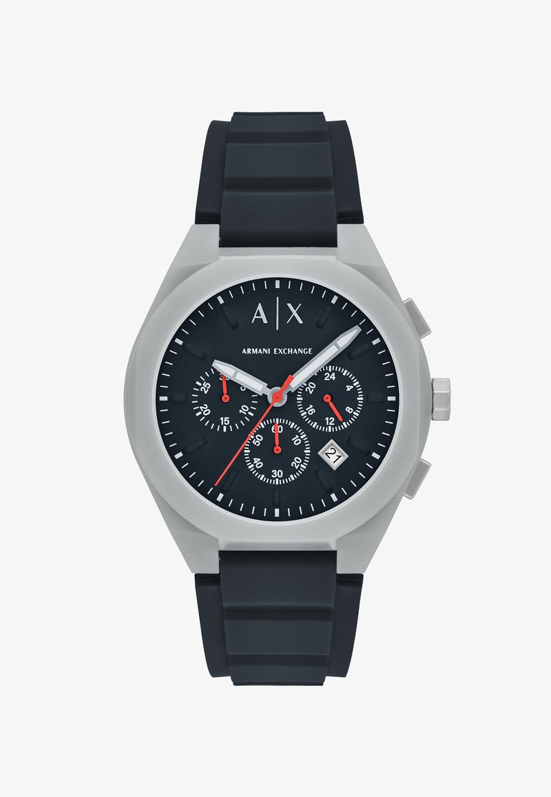 Armani Exchange ručni sat s crnim brojčanikom, tri podbrojčanika za sekunde, 24 sata i minute, prozor za datum, srebrno kućište i crni gumenii remen.