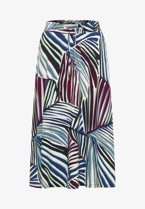 Jupe mi-longue avec motif géométrique abstrait en bleu, bordeaux, noir, blanc et beige, dotée d'une taille à cordon avec embouts métalliques.