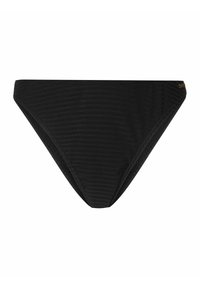 Černé bikiny s hladkou texturou a subtilním žebrovaným vzorem, s mírným výstřihem a malým, diskrétním logem.