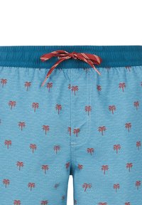 Šviesiai mėlynos maudymosi šortai su tonų tonų zigzago raštu ir raudonais palmėmis, su elastingu juosmeniu ir kontrastinga raišteliu.