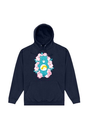 Marineblaue Kapuzenjacke mit einer Kängurutasche, die ein blaues Bärengrafikmotiv umgeben von pinken Rosen zeigt. Der Stoff hat eine glatte Textur und eine verstellbare Kapuze.