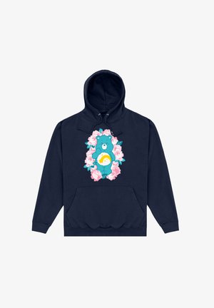 Marine blauwe hoodie met een kangoeroezak, voorzien van een blauwe berenafbeelding omringd door roze rozen. De stof heeft een gladde textuur en een verstelbare capuchon.