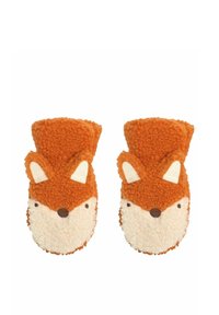 Fuchs-Design Hausschuhe aus weichem, orangefarbenem Fleece mit weißen Akzenten für Ohren und Gesicht. Abgerundete Form mit gestickten Gesichtszügen.