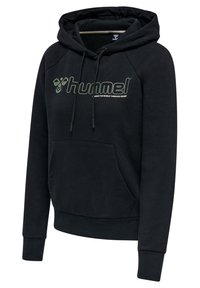Sweat à capuche noir avec poche avant, logo "hummel" et texte "CHANGE THE WORLD THROUGH SPORT" sur la poitrine.