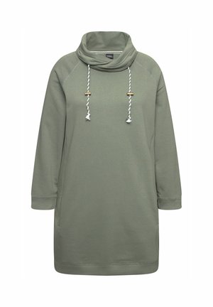 Abito felpa verde oliva con collo a ruota e cordoncino regolabile, dotato di tasche laterali e maniche lunghe a raglan. Tessuto morbido.