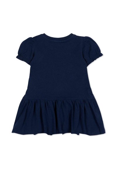 Robe bleu marine à manches courtes avec manches bouffantes froncées et ourlet à volants, conçue pour les tout-petits ou jeunes enfants.