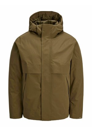 Voděodolná bunda olivově zelené barvy s vysokým límcem, skrytým zipem a velkými předními kapsami. Vyrobena z odolné, hladké látky.