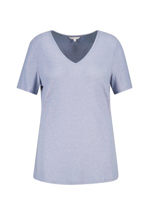 Haut à manches courtes en V bleu clair avec un léger éclat. Fabriqué en tissu doux, avec une coupe décontractée et une texture lisse.