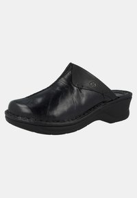 Black leather clog with a rounded toe, stitched accents, and a low wedge sole. Features a smooth texture and an open back design.